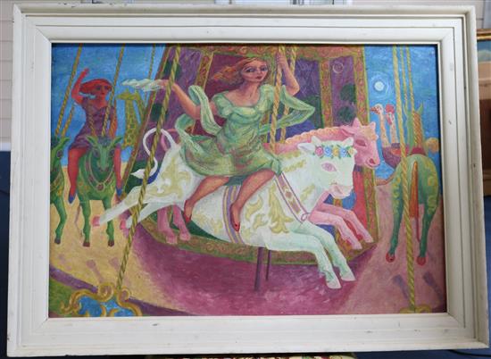 Modern British Women on a fairground carousel 23 x 33in.